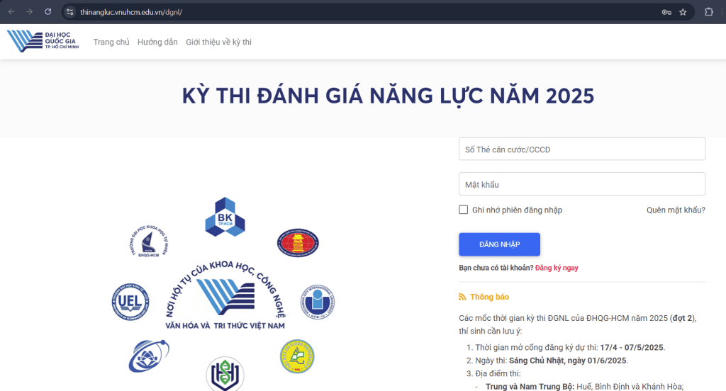Truy cập trang web thinangluc.vnuhcm.edu.vn/dgnl/ nhấn vào mục “Đăng ký”